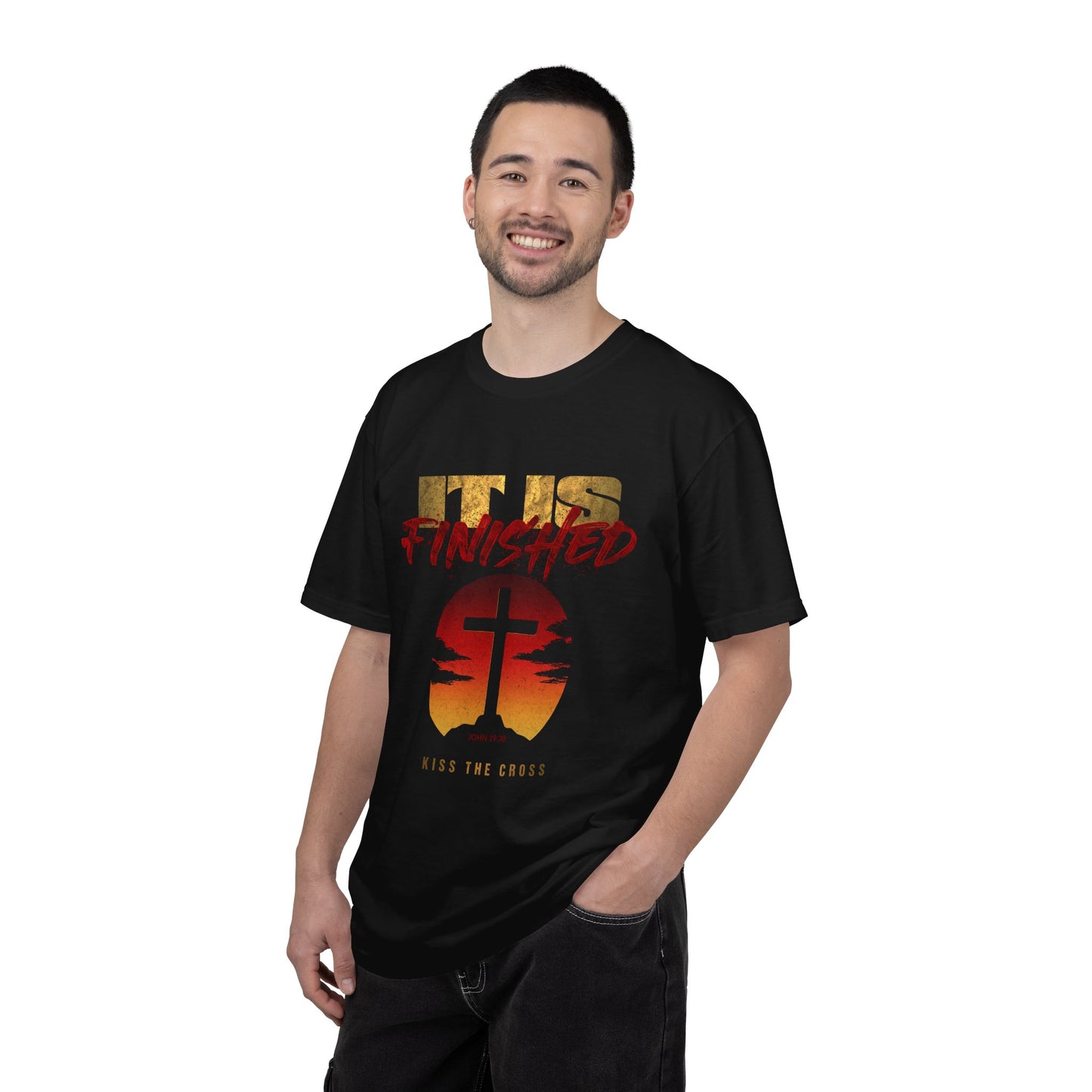 It Is Finished Christian T‑Shirt — Cross Sunset Faith Tee (Kiss The Cross)