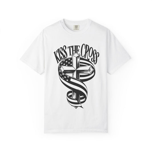 Kiss the Cross T‑Shirt — American Flag Wrapped Cross Graphic