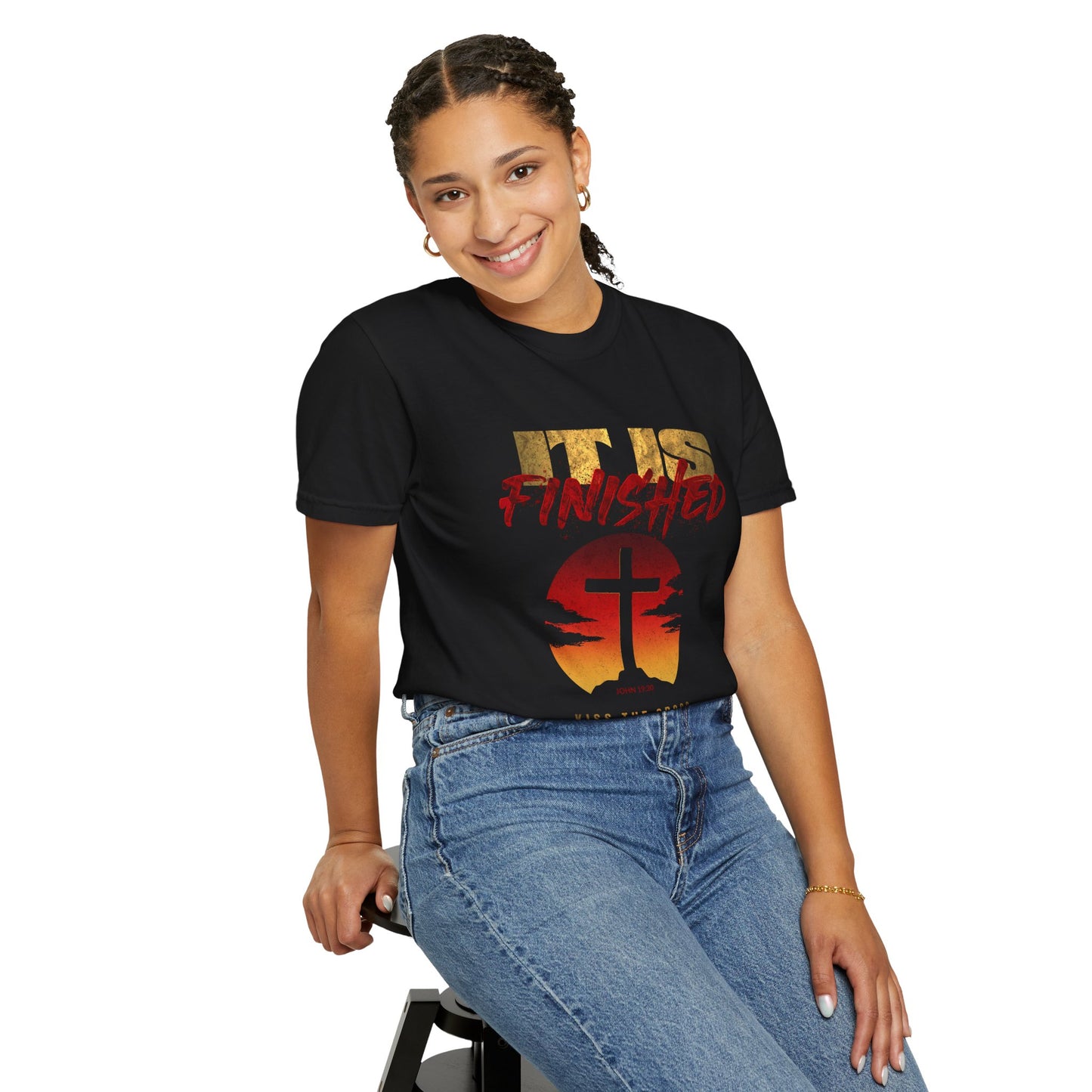 It Is Finished Christian T‑Shirt — Cross Sunset Faith Tee (Kiss The Cross)